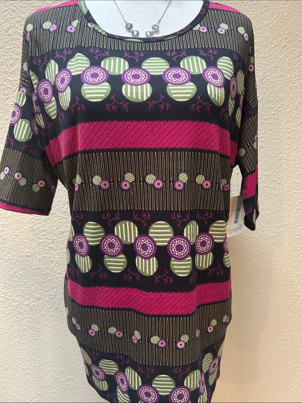 LuLaRoe Black, Magenta, Green & Purple Patterned Short Sleeve Tunic
